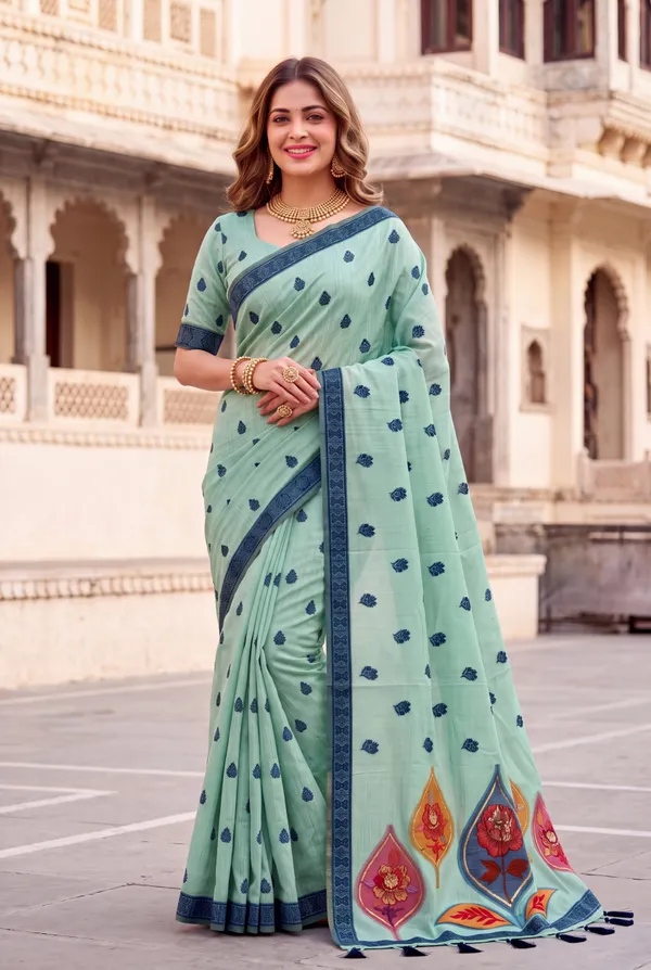Premium_Soft_Muga_Cotton_sarees_with_Beautiful_Colourfull_Digital_Weaving_Work_Pallu_With_Attractive_Resham_Weaving_Border_With_All_Over_Resham_Weaving_Butti_Design_And_Resham_Weaving_Butti_Blouse_With_Fancy_Tassels