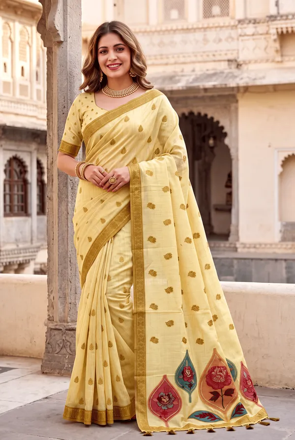 Premium_Soft_Muga_Cotton_sarees_with_Beautiful_Colourfull_Digital_Weaving_Work_Pallu_With_Attractive_Resham_Weaving_Border_With_All_Over_Resham_Weaving_Butti_Design_And_Resham_Weaving_Butti_Blouse_With_Fancy_Tassels