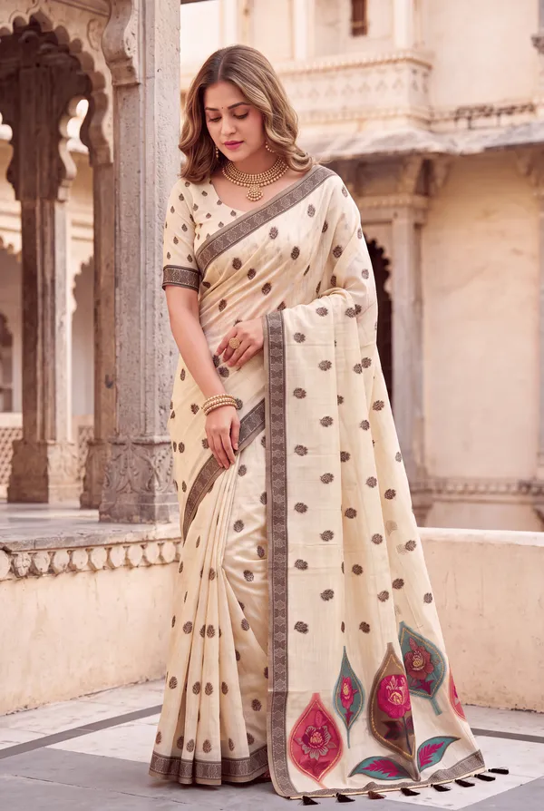 Premium_Soft_Muga_Cotton_sarees_with_Beautiful_Colourfull_Digital_Weaving_Work_Pallu_With_Attractive_Resham_Weaving_Border_With_All_Over_Resham_Weaving_Butti_Design_And_Resham_Weaving_Butti_Blouse_With_Fancy_Tassels