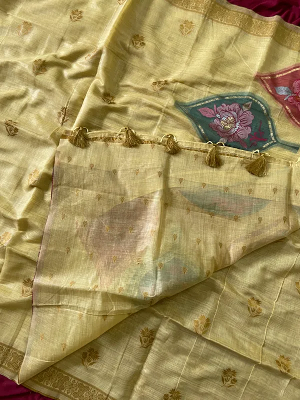 Premium_Soft_Muga_Cotton_sarees_with_Beautiful_Colourfull_Digital_Weaving_Work_Pallu_With_Attractive_Resham_Weaving_Border_With_All_Over_Resham_Weaving_Butti_Design_And_Resham_Weaving_Butti_Blouse_With_Fancy_Tassels