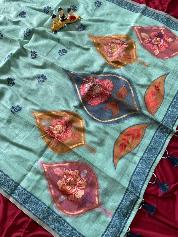 Premium_Soft_Muga_Cotton_sarees_with_Beautiful_Colourfull_Digital_Weaving_Work_Pallu_With_Attractive_Resham_Weaving_Border_With_All_Over_Resham_Weaving_Butti_Design_And_Resham_Weaving_Butti_Blouse_With_Fancy_Tassels