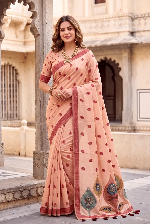 Premium_Soft_Muga_Cotton_sarees_with_Beautiful_Colourfull_Digital_Weaving_Work_Pallu_With_Attractive_Resham_Weaving_Border_With_All_Over_Resham_Weaving_Butti_Design_And_Resham_Weaving_Butti_Blouse_With_Fancy_Tassels