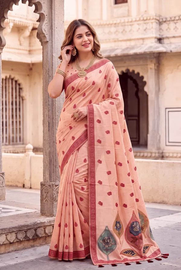 Premium_Soft_Muga_Cotton_sarees_with_Beautiful_Colourfull_Digital_Weaving_Work_Pallu_With_Attractive_Resham_Weaving_Border_With_All_Over_Resham_Weaving_Butti_Design_And_Resham_Weaving_Butti_Blouse_With_Fancy_Tassels
