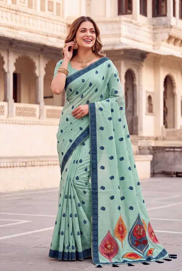 Premium_Soft_Muga_Cotton_sarees_with_Beautiful_Colourfull_Digital_Weaving_Work_Pallu_With_Attractive_Resham_Weaving_Border_With_All_Over_Resham_Weaving_Butti_Design_And_Resham_Weaving_Butti_Blouse_With_Fancy_Tassels