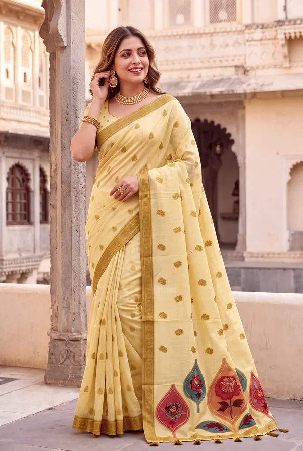 Premium_Soft_Muga_Cotton_sarees_with_Beautiful_Colourfull_Digital_Weaving_Work_Pallu_With_Attractive_Resham_Weaving_Border_With_All_Over_Resham_Weaving_Butti_Design_And_Resham_Weaving_Butti_Blouse_With_Fancy_Tassels