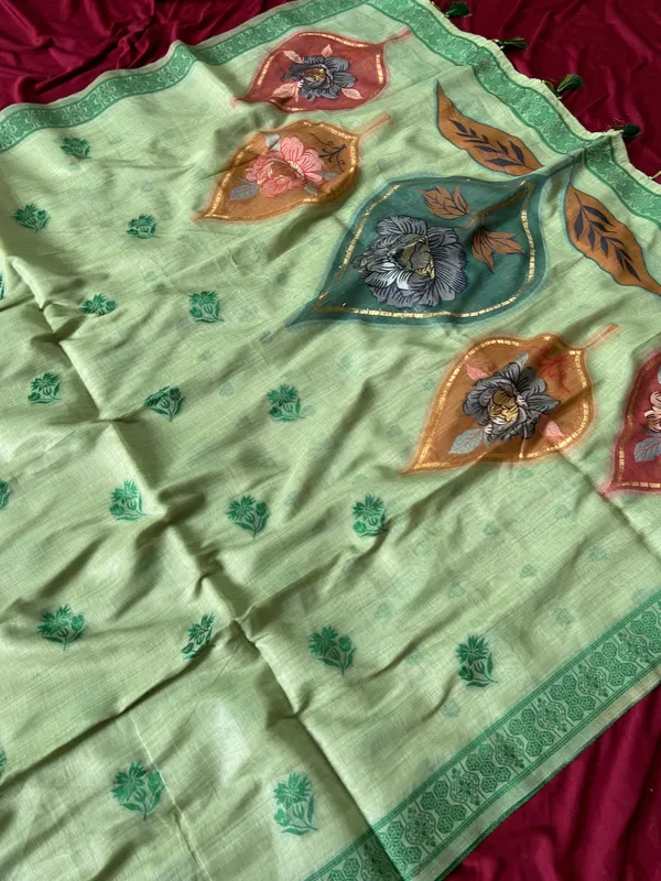 Premium_Soft_Muga_Cotton_sarees_with_Beautiful_Colourfull_Digital_Weaving_Work_Pallu_With_Attractive_Resham_Weaving_Border_With_All_Over_Resham_Weaving_Butti_Design_And_Resham_Weaving_Butti_Blouse_With_Fancy_Tassels