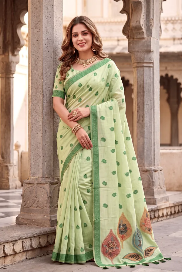 Premium_Soft_Muga_Cotton_sarees_with_Beautiful_Colourfull_Digital_Weaving_Work_Pallu_With_Attractive_Resham_Weaving_Border_With_All_Over_Resham_Weaving_Butti_Design_And_Resham_Weaving_Butti_Blouse_With_Fancy_Tassels
