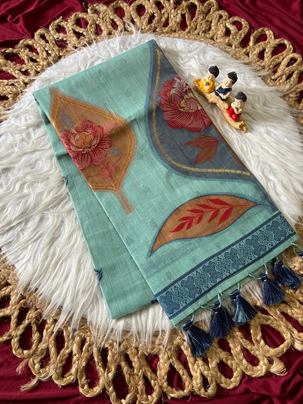 Premium_Soft_Muga_Cotton_sarees_with_Beautiful_Colourfull_Digital_Weaving_Work_Pallu_With_Attractive_Resham_Weaving_Border_With_All_Over_Resham_Weaving_Butti_Design_And_Resham_Weaving_Butti_Blouse_With_Fancy_Tassels