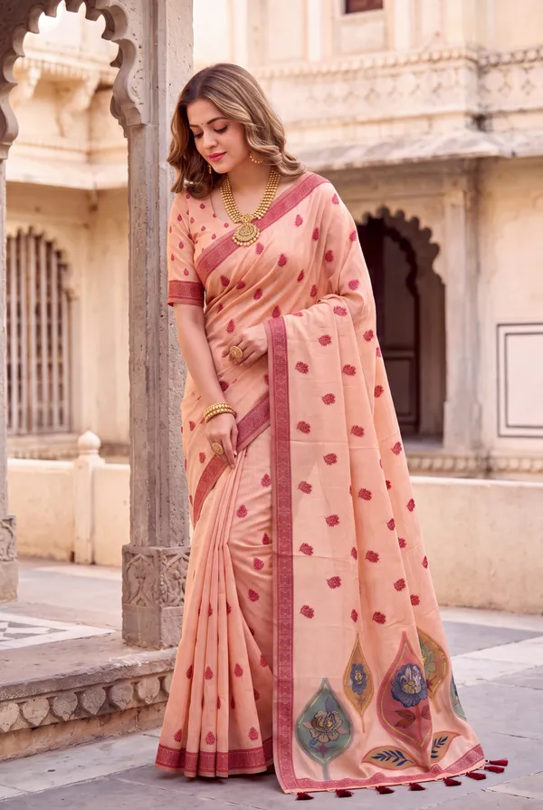 Premium_Soft_Muga_Cotton_sarees_with_Beautiful_Colourfull_Digital_Weaving_Work_Pallu_With_Attractive_Resham_Weaving_Border_With_All_Over_Resham_Weaving_Butti_Design_And_Resham_Weaving_Butti_Blouse_With_Fancy_Tassels