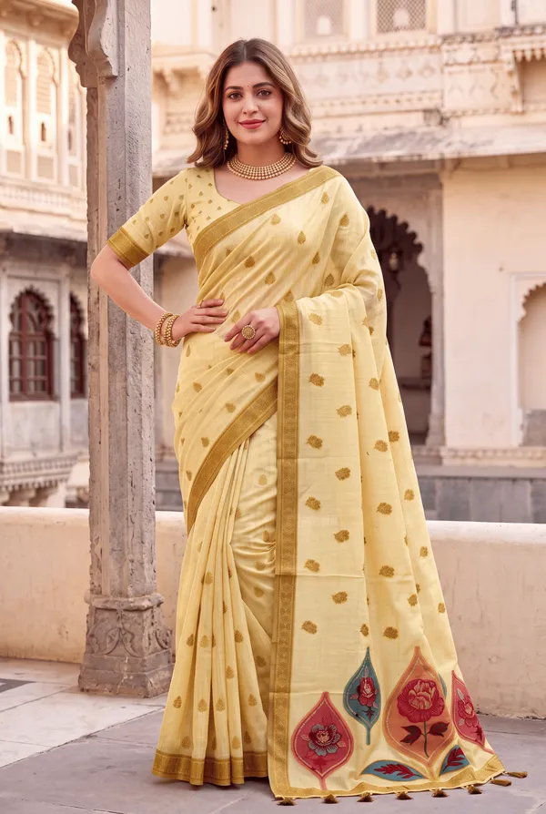 Premium_Soft_Muga_Cotton_sarees_with_Beautiful_Colourfull_Digital_Weaving_Work_Pallu_With_Attractive_Resham_Weaving_Border_With_All_Over_Resham_Weaving_Butti_Design_And_Resham_Weaving_Butti_Blouse_With_Fancy_Tassels