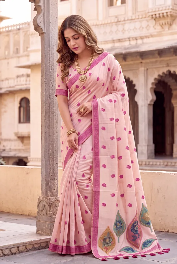 Premium_Soft_Muga_Cotton_sarees_with_Beautiful_Colourfull_Digital_Weaving_Work_Pallu_With_Attractive_Resham_Weaving_Border_With_All_Over_Resham_Weaving_Butti_Design_And_Resham_Weaving_Butti_Blouse_With_Fancy_Tassels