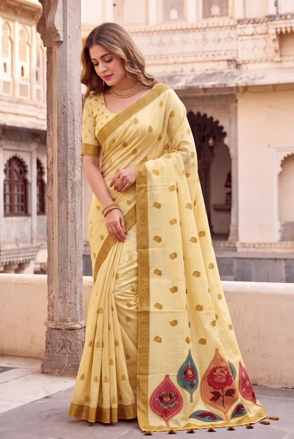 Premium_Soft_Muga_Cotton_sarees_with_Beautiful_Colourfull_Digital_Weaving_Work_Pallu_With_Attractive_Resham_Weaving_Border_With_All_Over_Resham_Weaving_Butti_Design_And_Resham_Weaving_Butti_Blouse_With_Fancy_Tassels