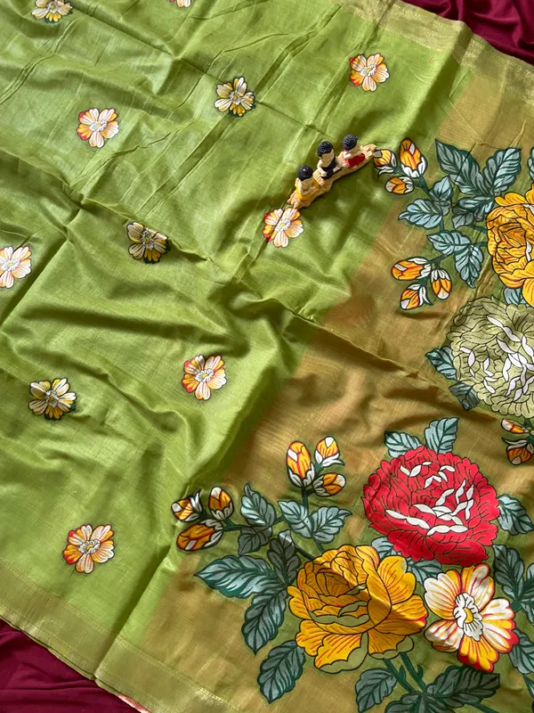 Premium_Soft_Muga_Cotton_sarees_with_Beautiful_Colourfull_Resham_Weaving_Flower_Design_Pallu_With_Attractive_All_Over_Resham_Weaving__Flower_Design_With_Zari_Weaving_Border_And_Contrast_Blouse_With_Fancy_Tassels