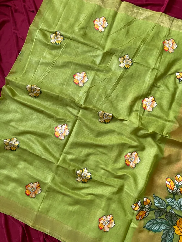Premium_Soft_Muga_Cotton_sarees_with_Beautiful_Colourfull_Resham_Weaving_Flower_Design_Pallu_With_Attractive_All_Over_Resham_Weaving__Flower_Design_With_Zari_Weaving_Border_And_Contrast_Blouse_With_Fancy_Tassels