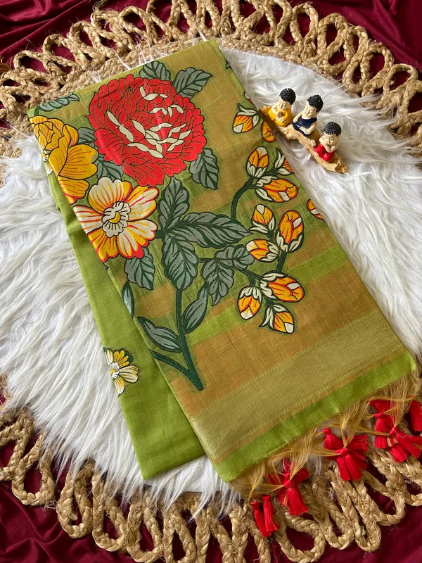 Premium_Soft_Muga_Cotton_sarees_with_Beautiful_Colourfull_Resham_Weaving_Flower_Design_Pallu_With_Attractive_All_Over_Resham_Weaving__Flower_Design_With_Zari_Weaving_Border_And_Contrast_Blouse_With_Fancy_Tassels