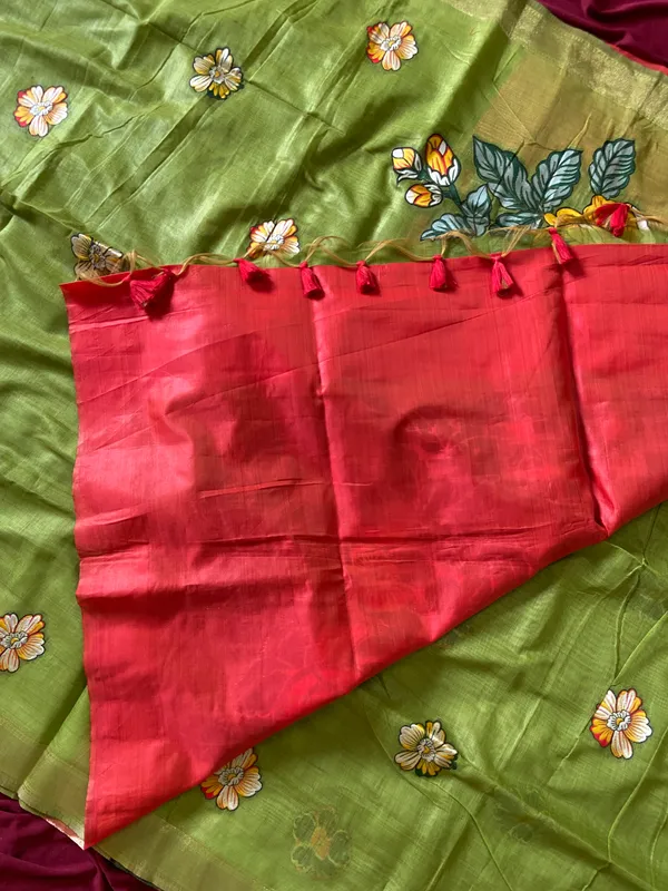 Premium_Soft_Muga_Cotton_sarees_with_Beautiful_Colourfull_Resham_Weaving_Flower_Design_Pallu_With_Attractive_All_Over_Resham_Weaving__Flower_Design_With_Zari_Weaving_Border_And_Contrast_Blouse_With_Fancy_Tassels