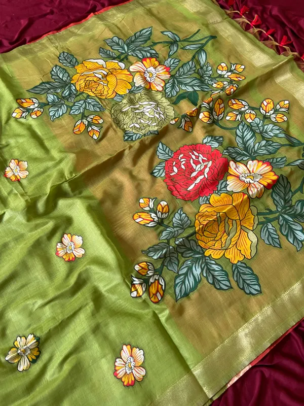 Premium_Soft_Muga_Cotton_sarees_with_Beautiful_Colourfull_Resham_Weaving_Flower_Design_Pallu_With_Attractive_All_Over_Resham_Weaving__Flower_Design_With_Zari_Weaving_Border_And_Contrast_Blouse_With_Fancy_Tassels