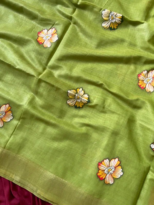 Premium_Soft_Muga_Cotton_sarees_with_Beautiful_Colourfull_Resham_Weaving_Flower_Design_Pallu_With_Attractive_All_Over_Resham_Weaving__Flower_Design_With_Zari_Weaving_Border_And_Contrast_Blouse_With_Fancy_Tassels