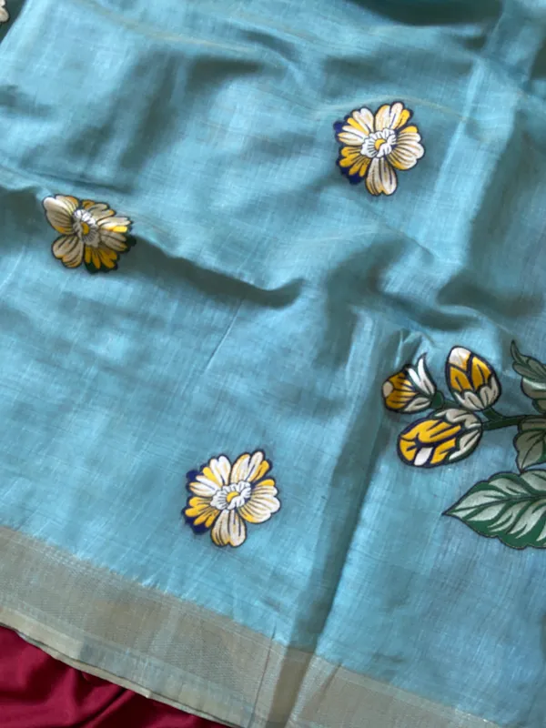 Premium_Soft_Muga_Cotton_sarees_with_Beautiful_Colourfull_Resham_Weaving_Flower_Design_Pallu_With_Attractive_All_Over_Resham_Weaving__Flower_Design_With_Zari_Weaving_Border_And_Contrast_Blouse_With_Fancy_Tassels