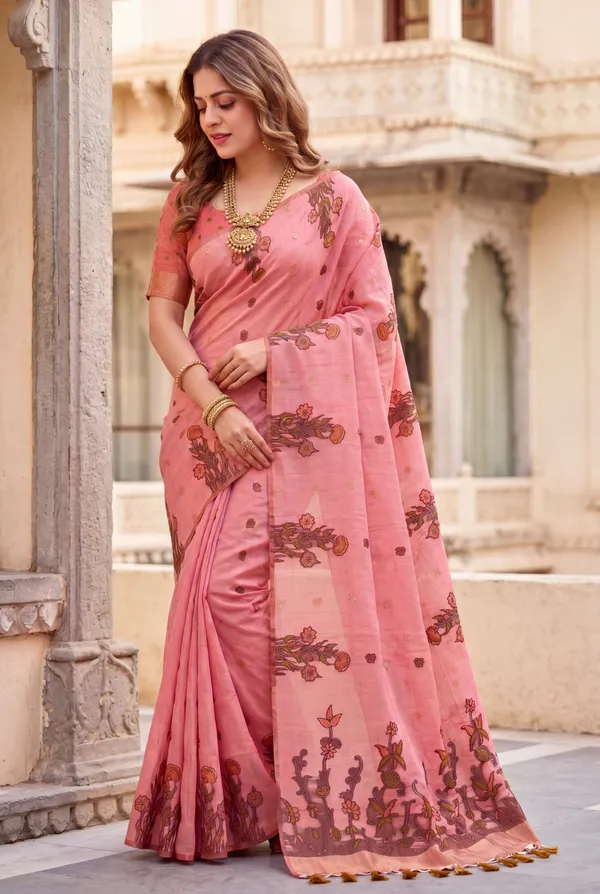 Premium_Soft_Muga_Cotton_sarees_with_Beautiful_Colourfull_Resham_Weaving__Flower_Design_Pallu_With_Attractive_Traditional_Zari_Weaving__With_All_Over__Resham_Weaving__And_Resham_Weaving_Butti_Blouse_With_Fancy_Tassels