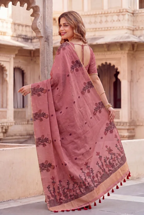 Premium_Soft_Muga_Cotton_sarees_with_Beautiful_Colourfull_Resham_Weaving__Flower_Design_Pallu_With_Attractive_Traditional_Zari_Weaving__With_All_Over__Resham_Weaving__And_Resham_Weaving_Butti_Blouse_With_Fancy_Tassels
