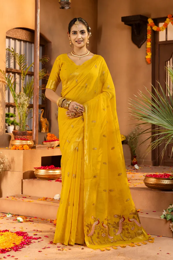 Premium_Soft_Muga_Cotton_sarees_with_Beautiful_?Colourfull_Resham_Weaving__Peacock_Design_Pallu_With_Attractive_Traditional_Zari_Weaving__With_All_Over__Resham_Weaving__And_Resham_Weaving_Butti_Blouse_With_Fancy_Tassels
