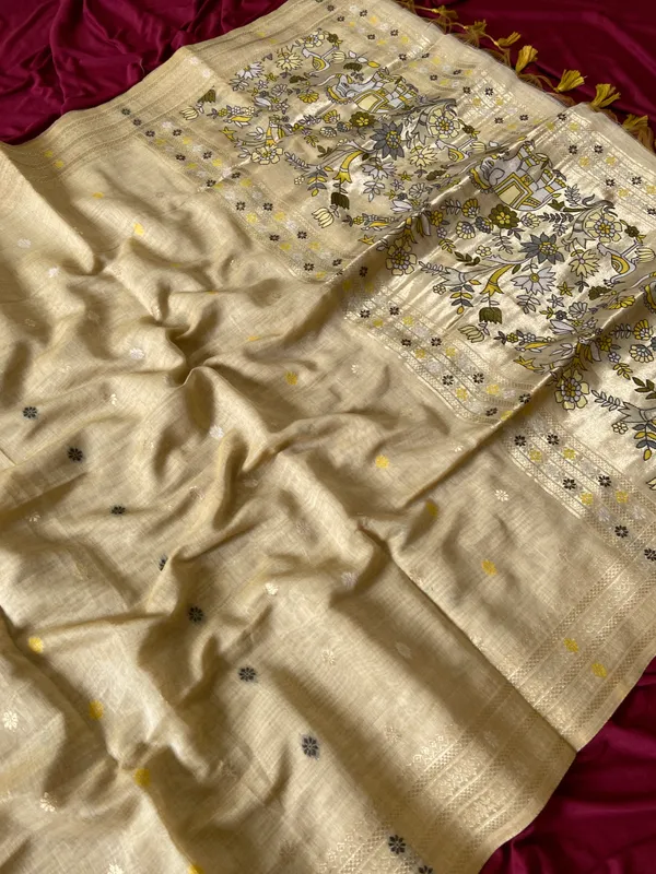 Premium_Soft_Muga_Cotton_Paithani_sarees_with_Beautiful_colourfull_3D_Woven_Elephant_Design_Pallu_With_Attractive_All_Over_Resham_Weaving_Butti_Design_With_Zari_Weaving_Border_And_Resham_Weaving_Butti_Blouse_With_Fancy_Tassels