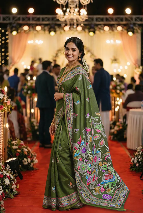 Soft_Tussar_Silk_sarees_with_Beautiful_Digital_Print_With_Attractive_Border_And_Contrast_Print_Blouse_With_Tassels