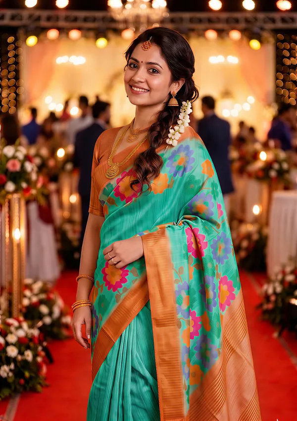 Soft_Tussar_Silk_sarees_with_Beautiful_Digital_Print_With_Attractive_Border_And_Contrast_Print_Blouse_With_Tassels