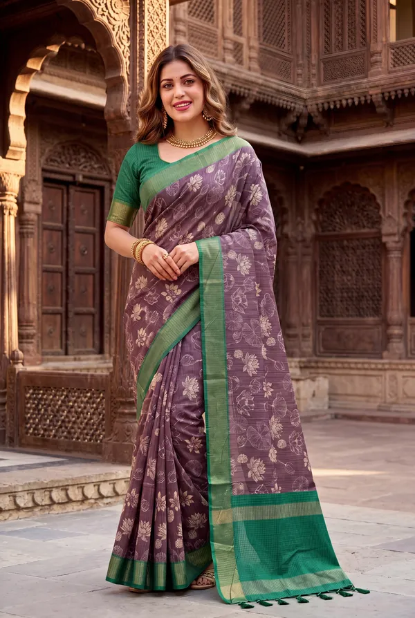 Soft_Tussar_Silk_sarees_with_Beautiful_Digital_Print_With_Attractive_Checks_Design_Saree_And_Digital_Print_Blouse_With_Tassels