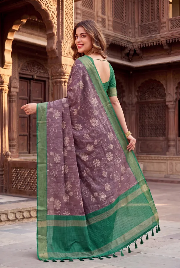 Soft_Tussar_Silk_sarees_with_Beautiful_Digital_Print_With_Attractive_Checks_Design_Saree_And_Digital_Print_Blouse_With_Tassels