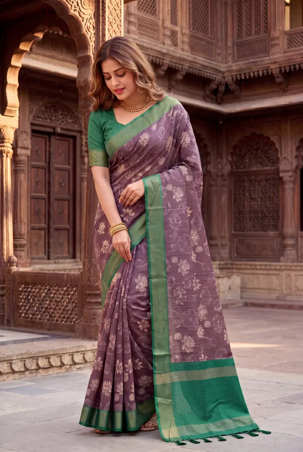 Soft_Tussar_Silk_sarees_with_Beautiful_Digital_Print_With_Attractive_Checks_Design_Saree_And_Digital_Print_Blouse_With_Tassels