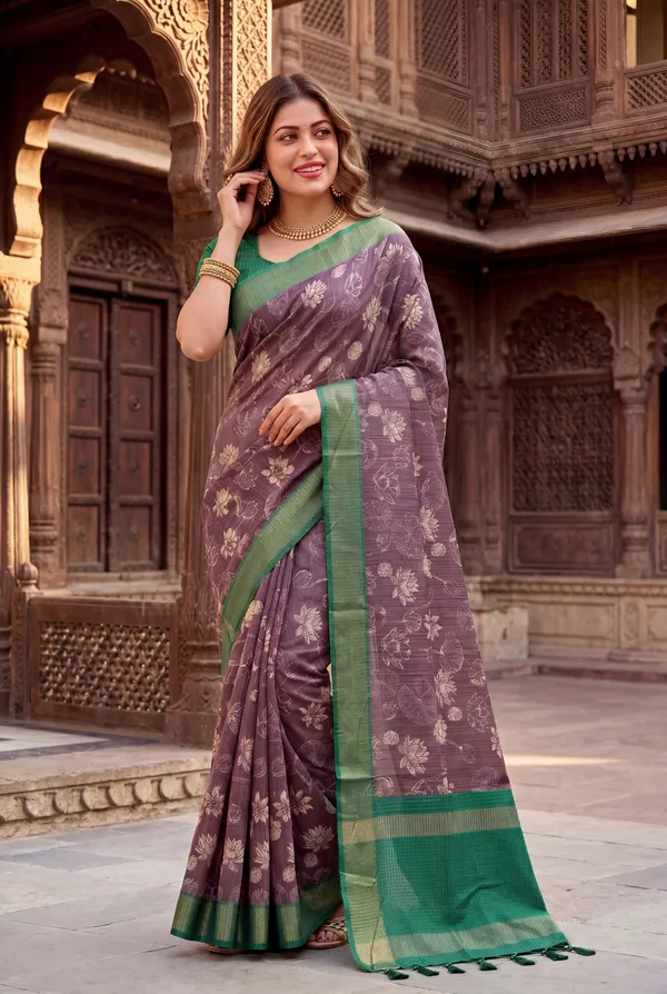 Soft_Tussar_Silk_sarees_with_Beautiful_Digital_Print_With_Attractive_Checks_Design_Saree_And_Digital_Print_Blouse_With_Tassels
