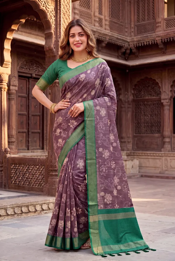 Soft_Tussar_Silk_sarees_with_Beautiful_Digital_Print_With_Attractive_Checks_Design_Saree_And_Digital_Print_Blouse_With_Tassels