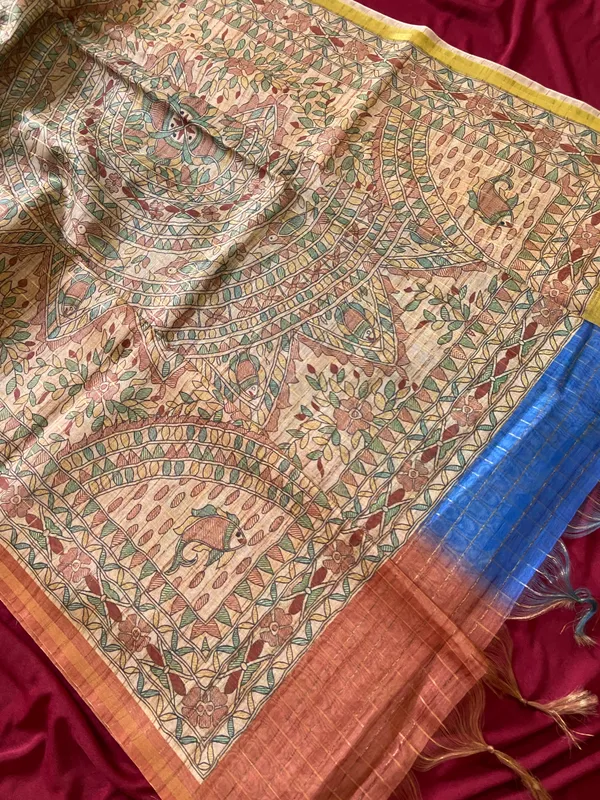 Soft_Semi_Tussar_Silk_sarees_with_Beautiful_Digital_Print_With_Attractive_Border_And_Contrast_Print_Blouse_With_Tassels