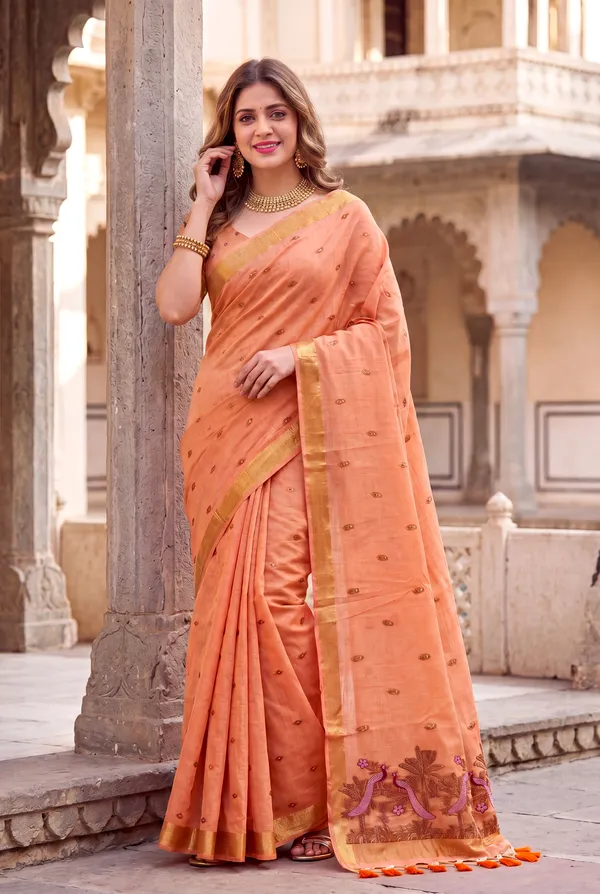 Premium_Soft_Muga_Cotton_sarees_with_Beautiful_Colourfull_Resham_Weaving__Peacock_Design_Pallu_With_Attractive_Traditional_Zari_Weaving__With_All_Over__Resham_Weaving__And_Resham_Weaving_Butti_Blouse_With_Fancy_Tassels