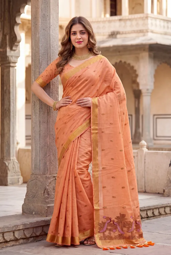 Premium_Soft_Muga_Cotton_sarees_with_Beautiful_Colourfull_Resham_Weaving__Peacock_Design_Pallu_With_Attractive_Traditional_Zari_Weaving__With_All_Over__Resham_Weaving__And_Resham_Weaving_Butti_Blouse_With_Fancy_Tassels