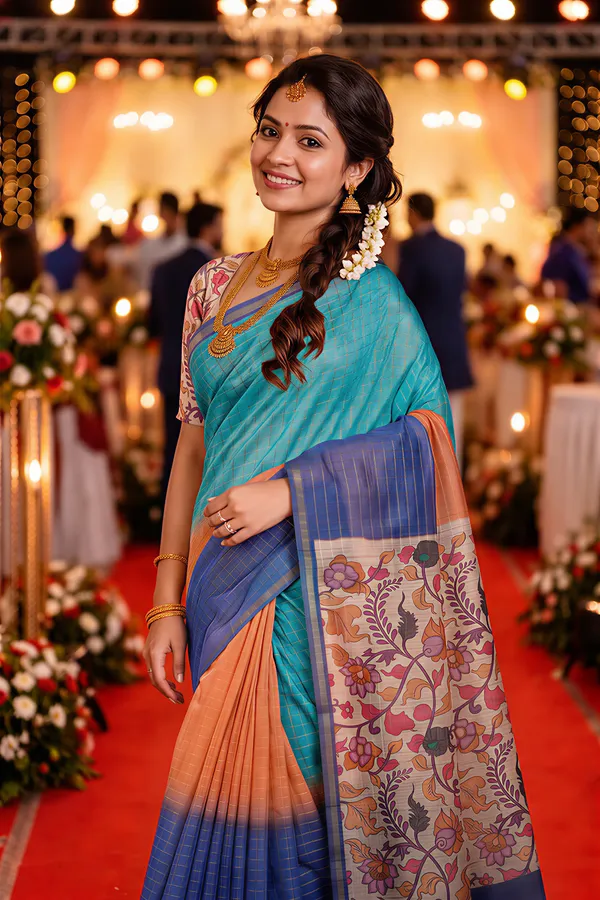 Soft_Semi_Tussar_Silk_sarees_with_Beautiful_Digital_Print_With_Attractive_Border_And_Contrast_Print_Blouse_With_Tassels