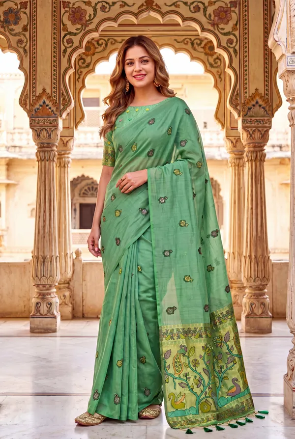 Premium_Soft_Muga_Cotton_Paithani_sarees_with_Beautiful_Weaving_Design_Featuring_Jungle_Theme_And_Swan_Motifs_Pallu_With_Attractive_All_Over_Resham_Weaving_Butti_Design_And_Resham_Weaving_Butti_Blouse_With_Fancy_Tassels