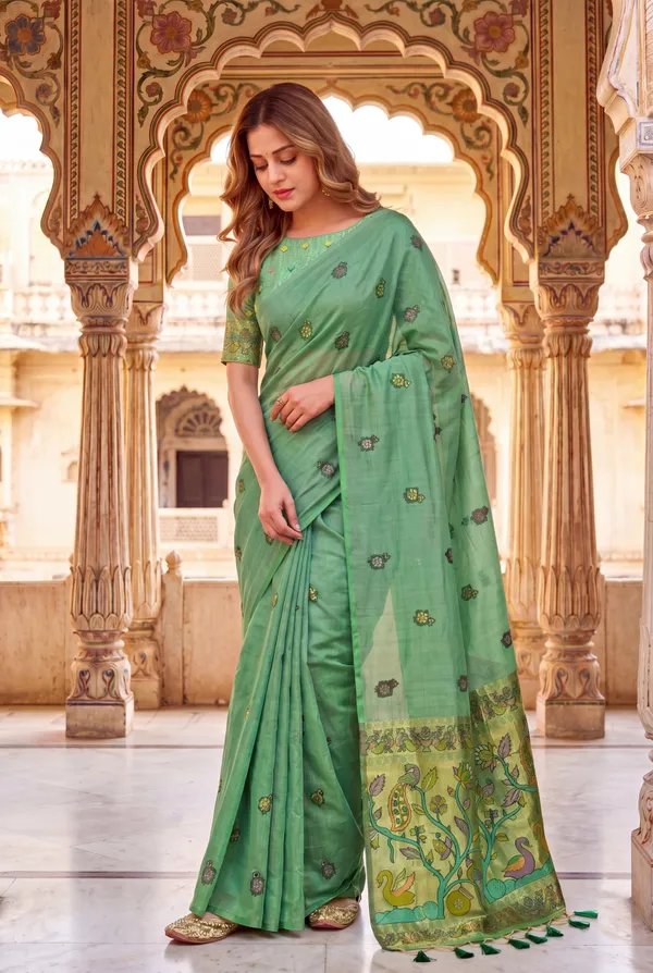 Premium_Soft_Muga_Cotton_Paithani_sarees_with_Beautiful_Weaving_Design_Featuring_Jungle_Theme_And_Swan_Motifs_Pallu_With_Attractive_All_Over_Resham_Weaving_Butti_Design_And_Resham_Weaving_Butti_Blouse_With_Fancy_Tassels