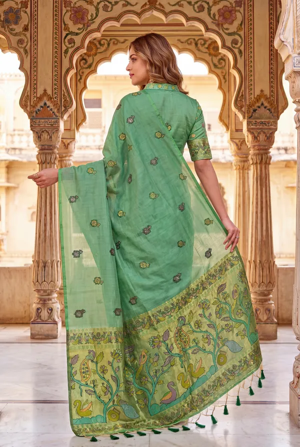 Premium_Soft_Muga_Cotton_Paithani_sarees_with_Beautiful_Weaving_Design_Featuring_Jungle_Theme_And_Swan_Motifs_Pallu_With_Attractive_All_Over_Resham_Weaving_Butti_Design_And_Resham_Weaving_Butti_Blouse_With_Fancy_Tassels