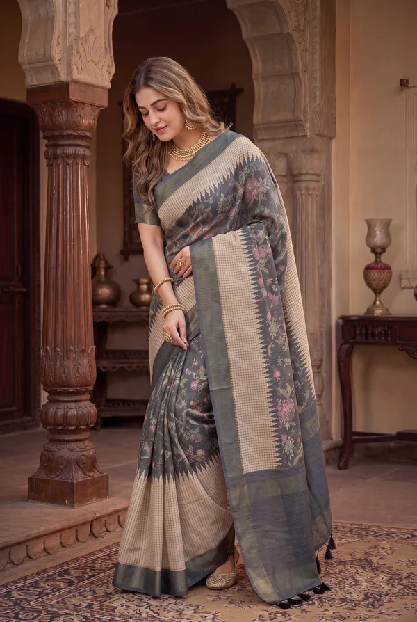Soft_Tussar_Silk_sarees_with_Beautiful_Digital_Print_With_Attractive_Checks_Design_Saree_And_Digital_Print_Blouse_With_Tassels