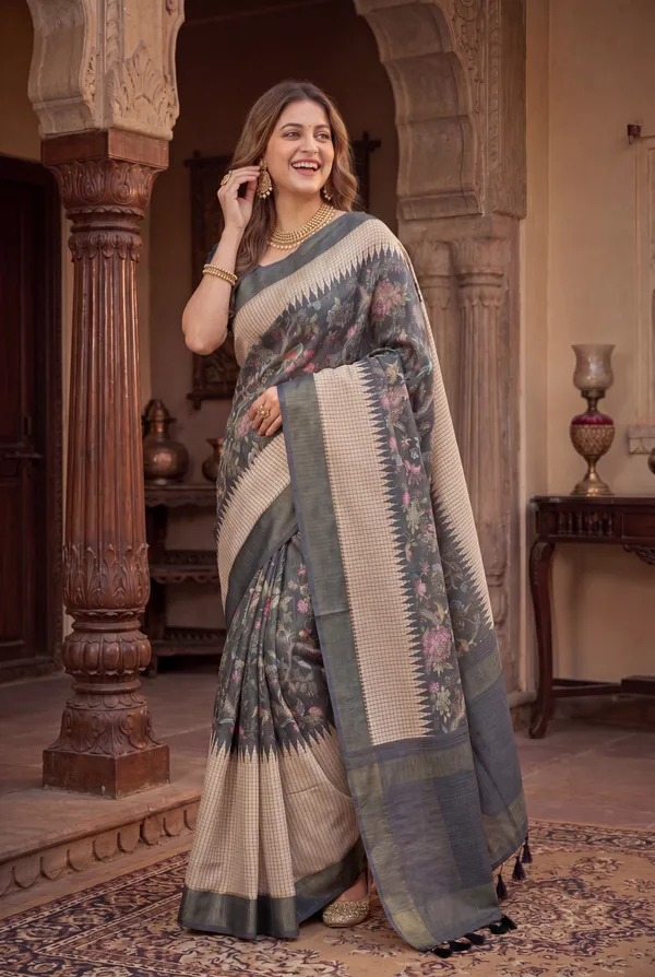 Soft_Tussar_Silk_sarees_with_Beautiful_Digital_Print_With_Attractive_Checks_Design_Saree_And_Digital_Print_Blouse_With_Tassels