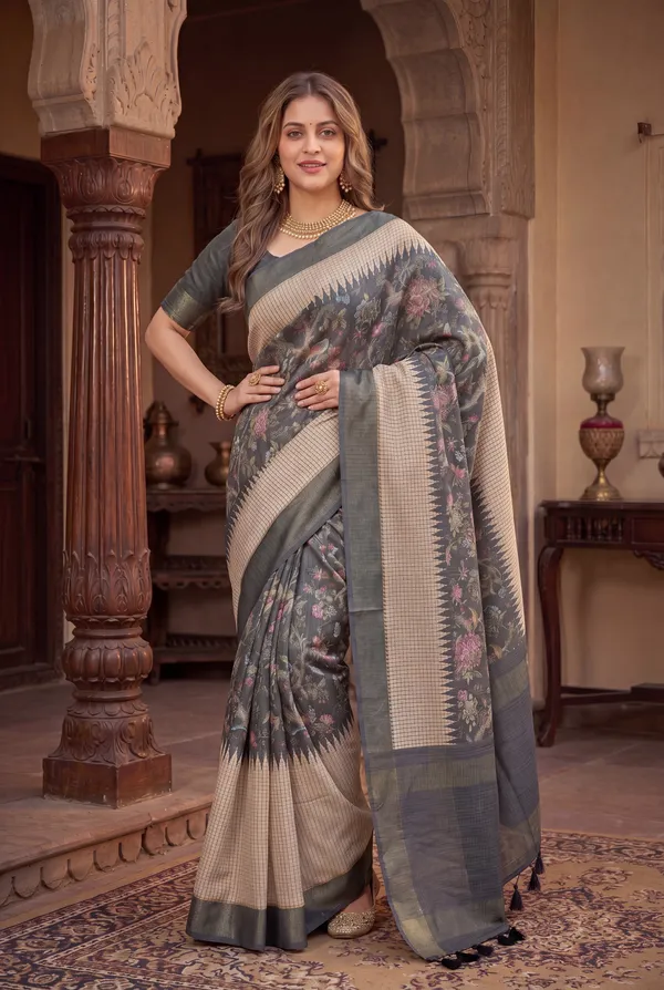 Soft_Tussar_Silk_sarees_with_Beautiful_Digital_Print_With_Attractive_Checks_Design_Saree_And_Digital_Print_Blouse_With_Tassels