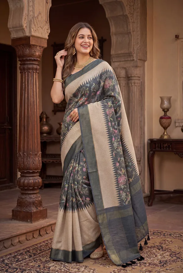 Soft_Tussar_Silk_sarees_with_Beautiful_Digital_Print_With_Attractive_Checks_Design_Saree_And_Digital_Print_Blouse_With_Tassels