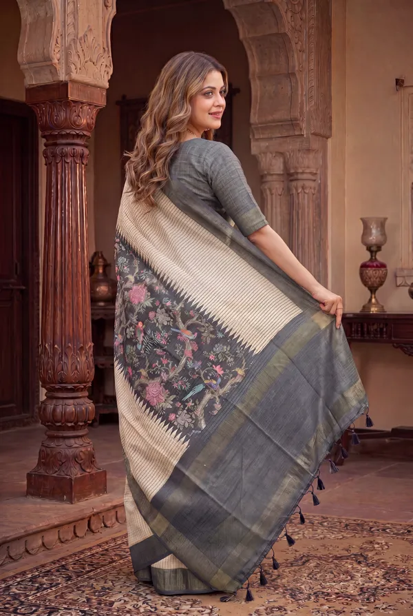 Soft_Tussar_Silk_sarees_with_Beautiful_Digital_Print_With_Attractive_Checks_Design_Saree_And_Digital_Print_Blouse_With_Tassels