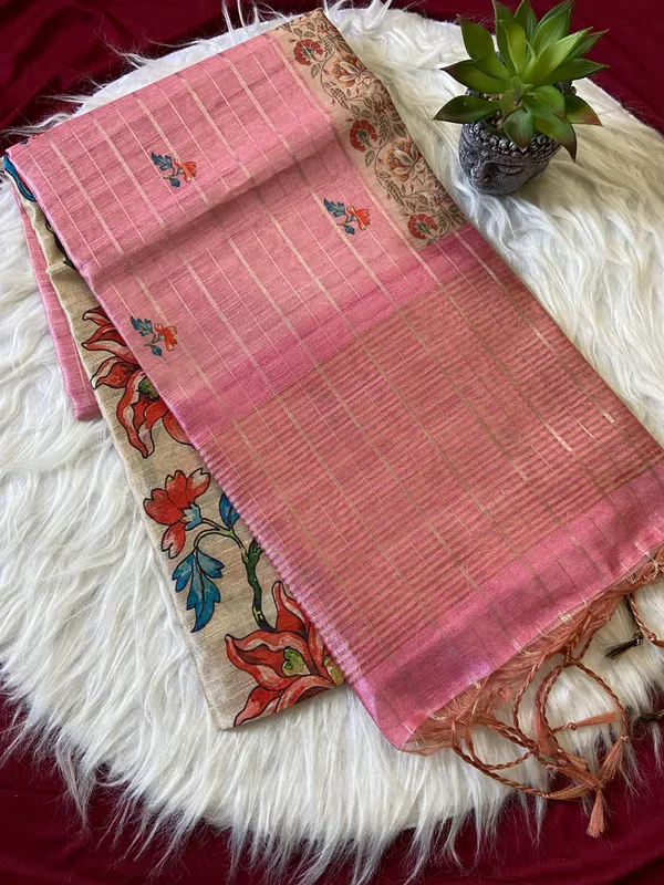 Soft_Semi_Tussar_Silk_sarees_with_Beautiful_Digital_Print_With_Attractive_Border_And_Contrast_Print_Blouse_With_Tassels