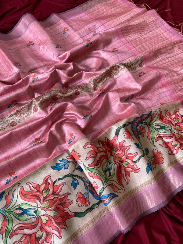 Soft_Semi_Tussar_Silk_sarees_with_Beautiful_Digital_Print_With_Attractive_Border_And_Contrast_Print_Blouse_With_Tassels