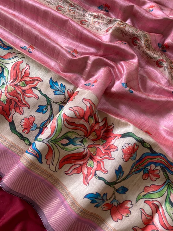 Soft_Semi_Tussar_Silk_sarees_with_Beautiful_Digital_Print_With_Attractive_Border_And_Contrast_Print_Blouse_With_Tassels