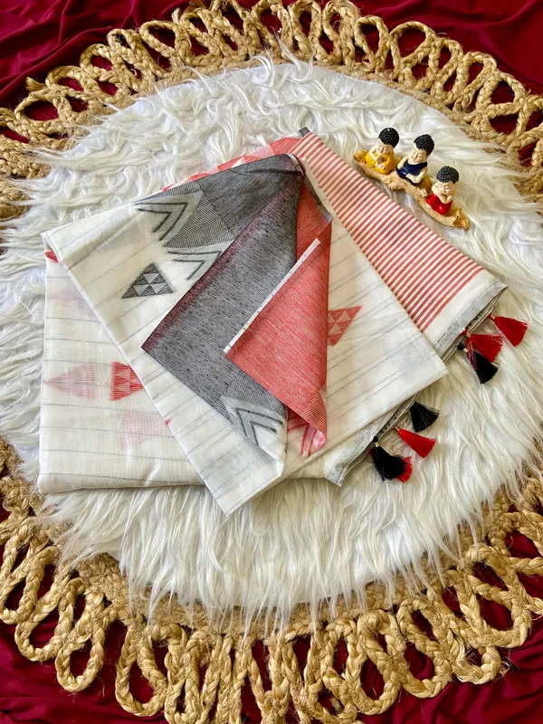 Premium_Soft_Bengali_Cotton_sarees_with_Beautiful_Colourfull_Triangle_Resham_Weaving_Design_Pallu_With_Attractive_All_Over_Resham_Weaving_Triangle_Design_With_Resham_Weaving_Border_And_Running_Blouse_With_Fancy_Tassels